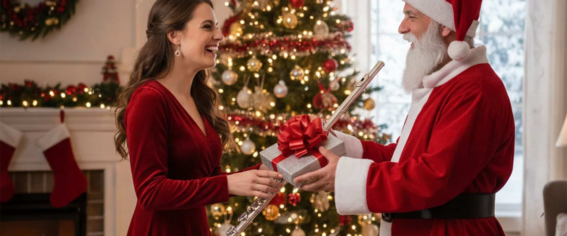 santa giving a gift to flutist